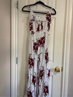 Guess White Jumpsuit with Red Rose Print